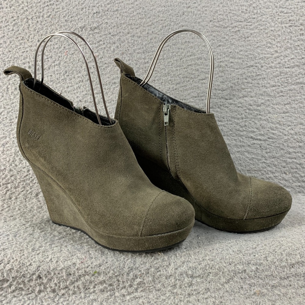 Diesel Booties 7.5 Gray Suede Wedge High Heel Side Zip Boot Y2K Office Siren
